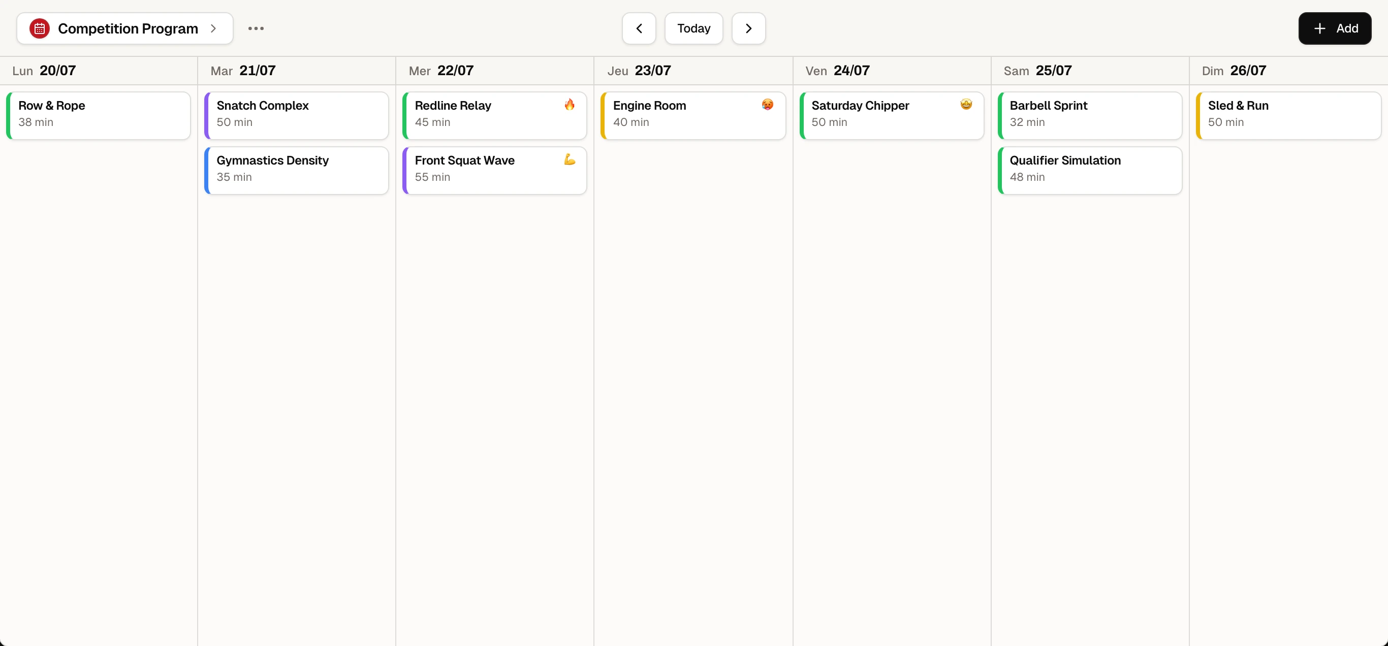 Le Planning Hardi avec des workouts ordonnés, un Cycle de programmation et un calendrier continu