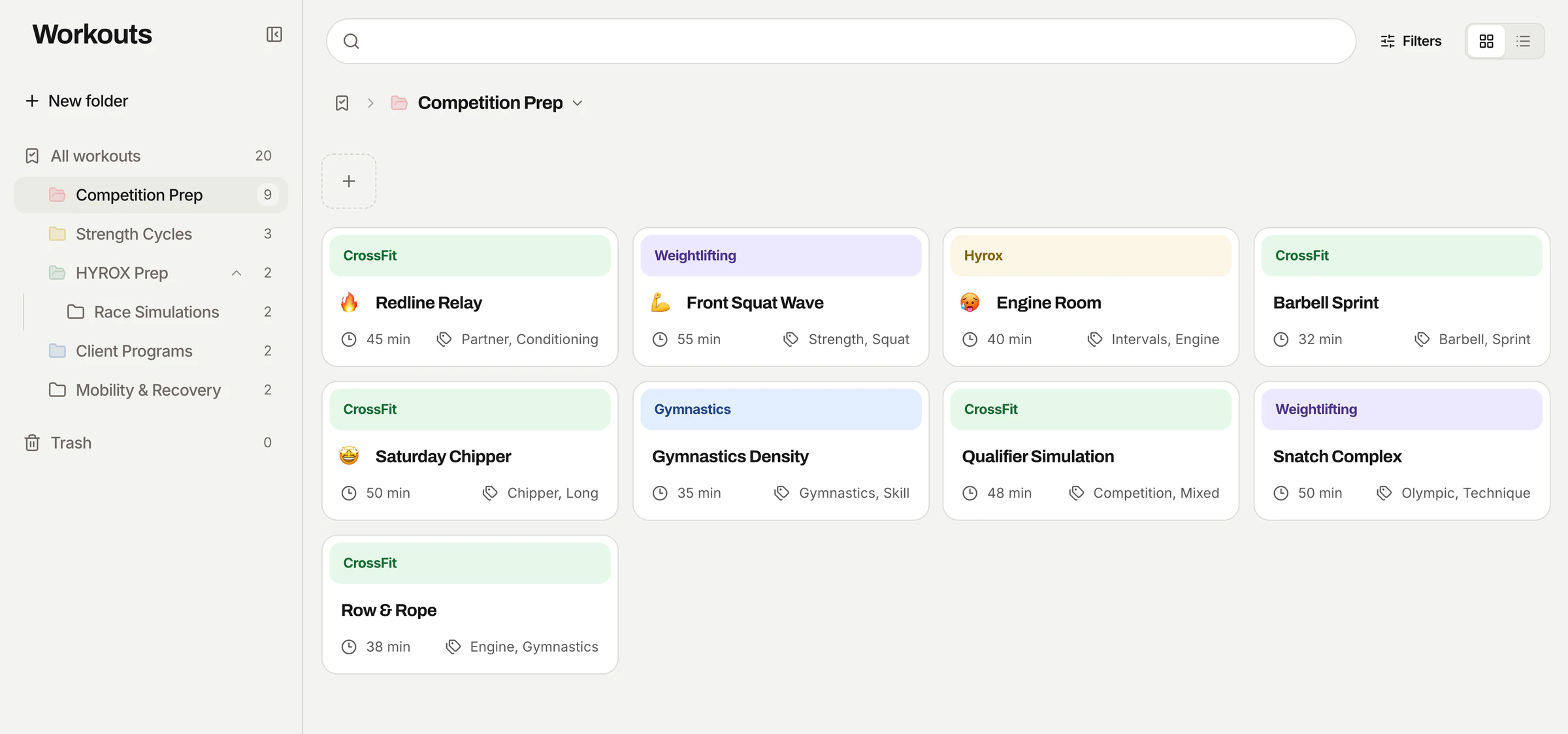 The Hardi Workouts page with folders, pins, filters, and workout cards