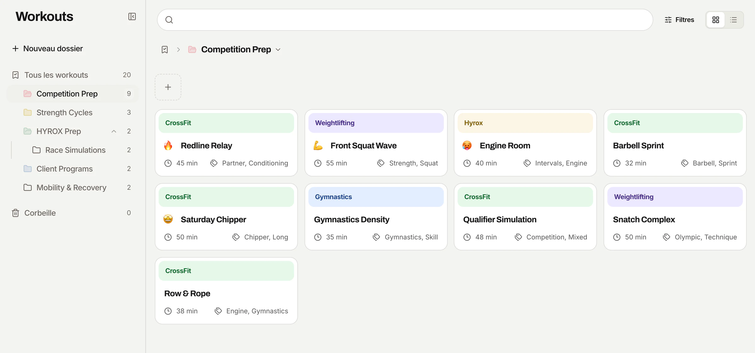 La page Workouts de Hardi avec dossiers, épingles, filtres et cards de workouts